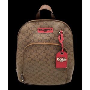 Karl Lagerfeld Paris Monogram Backpack Brown Red Leather Accents